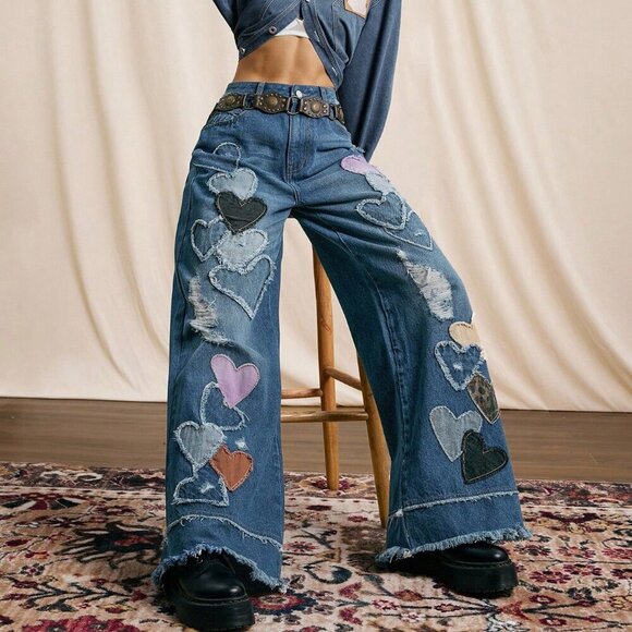 Blue Casual Women's patchwork Heart Pattern Washed Low-Rise Denim Jeans - Picture 4 of 7